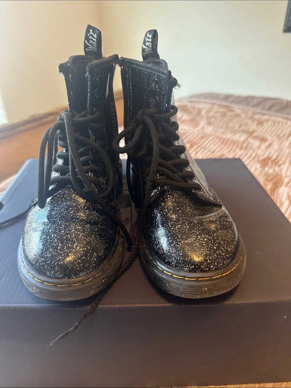 Dr. Martens Kids Black Glitter Lace-Up Boots with Gold Stitching